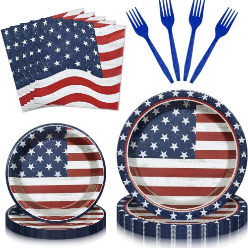 1 96 Pieces 4th of July Tableware Set – American Flag Disposable Plates, Napkins and Forks, Patriotic Stars and Stripes Party Supplies for Independence Day, Memorial Day and Veterans Day Decorations