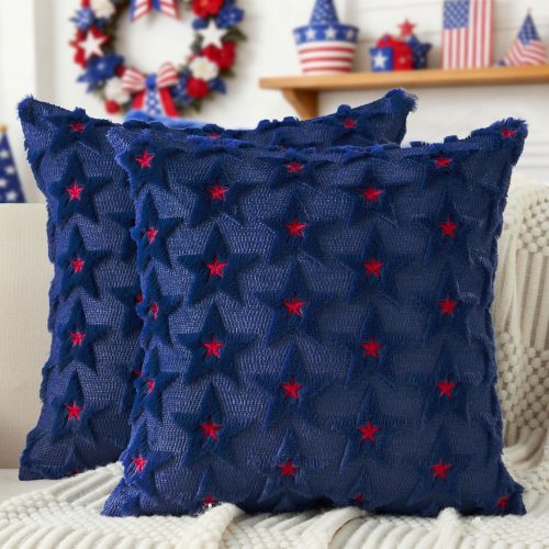 1 DFXSZ 4th of July Pillow Covers 18x18 inch Set of 2 4th of July Decor Red Embroidery Star Decoration Soft Plush Faux Fur Jacquard Throw Pillows Independence Day Decorations for Home Sofa PTK027A18