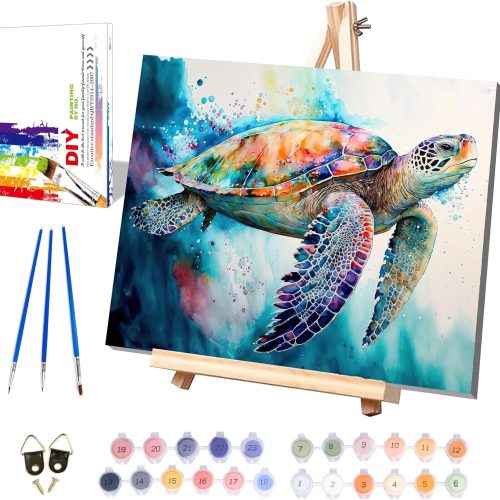 Sea Turtle Paint by Numbers for Adults with Framed Canvas-with Wooden Easel,Turtle Paint by Number on Canvas,DIY Acrylic Oil Painting Kits with Brushes Nice Gift Box for Home Wall Decor(16x20inch)
