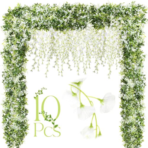 Crowye 10 Pcs 7.2ft/pcs Artificial Flowers Wisteria Garland Artificial Wisteria Vine Hanging Flower Decorations Flower Vines for Outdoor Wedding Wall Arch Party Backdrop Floral Decor (White)