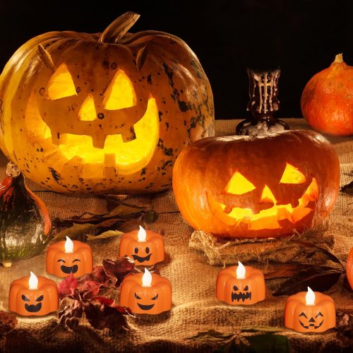 Eldnacele Halloween Pumpkin Lights Flameless Candles 6H Timer, Battery Operated Ghost Face LED Flickering Tealights Candle Fall Tabletop Spooky Candles Halloween Decoration Indoor(6Pcs,1.9"×1.6")
