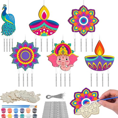 1 Silipull 24 Sets Diwali Wind Chimes Craft Color Your Own Diwali Mandala Wind Chimes DIY Unfinished Wooden Hanging Home Ornaments Gifts Party Supplies