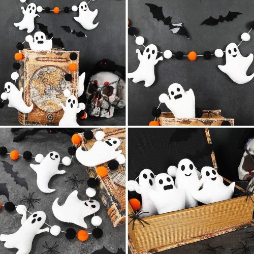 4 Whaline 6.6 Ft Halloween Theme Banner Different Expressions Cute Ghosts Banner Black White Orange Party Banner Felt Ball Garland for Halloween Haunted Houses Decors Doorways Home Mantel Suppliers