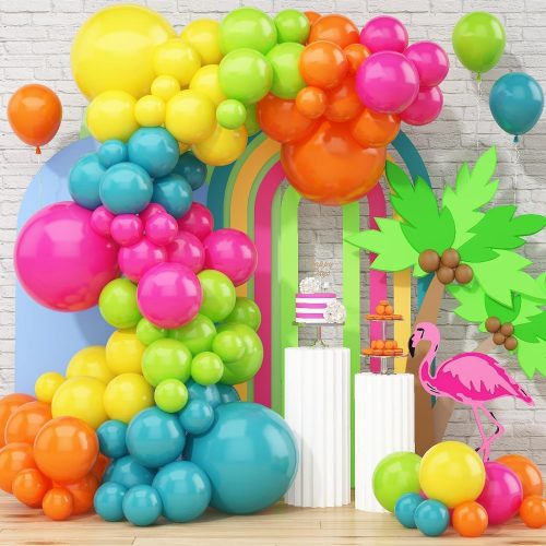 CT0212-SDC-2GT_1 141 Pcs Rainbow Neon Balloon Arch Kit, Hot Pink Lime Green Orange Slate Blue Yellow Hawaiian Summer Tropical Balloon Garland for Hawaiian Luau Aloha Birthday Pool Back to School Party Decorations