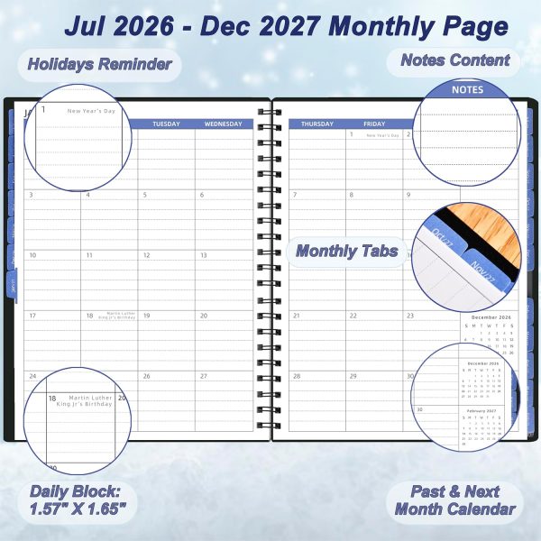 Monthly Planner 2026-2027 (7.4'' x 9.6''), 18 Months Calendar Book from Jul 2026-Dec 2027, 2026 Agenda Planner with Tabs & Pocket, 120GSM Paper, Black