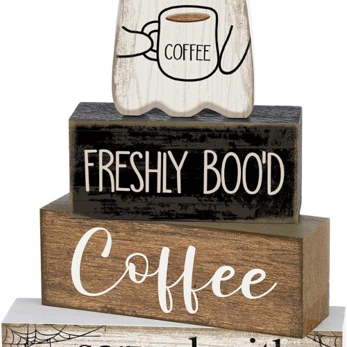 Lineshading 4 Pcs Halloween Coffee Table Decor Wooden Ghost Coffee Bar Sign | Stackable Blocks Bar Farmhouse Rustic Ghost Tiered Tray Festive Boo Decor Block Signs Home Office Kitchen Shelf