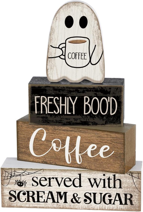CT0321-SM-07GT_1 Lineshading 4 Pcs Halloween Coffee Table Decor Wooden Ghost Coffee Bar Sign | Stackable Blocks Bar Farmhouse Rustic Ghost Tiered Tray Festive Boo Decor Block Signs Home Office Kitchen Shelf