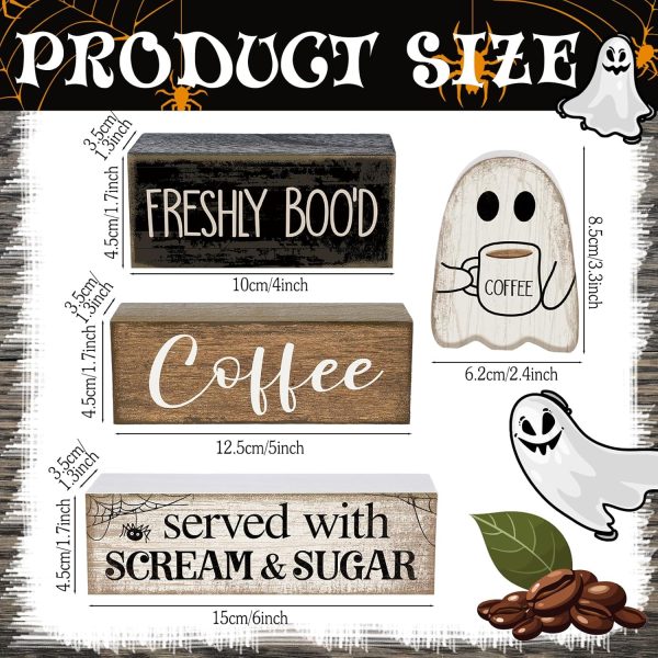 CT0321-SM-07GT_3 Lineshading 4 Pcs Halloween Coffee Table Decor Wooden Ghost Coffee Bar Sign | Stackable Blocks Bar Farmhouse Rustic Ghost Tiered Tray Festive Boo Decor Block Signs Home Office Kitchen Shelf