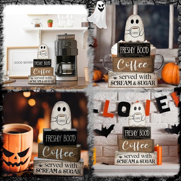 CT0321-SM-07GT_4 Lineshading 4 Pcs Halloween Coffee Table Decor Wooden Ghost Coffee Bar Sign | Stackable Blocks Bar Farmhouse Rustic Ghost Tiered Tray Festive Boo Decor Block Signs Home Office Kitchen Shelf