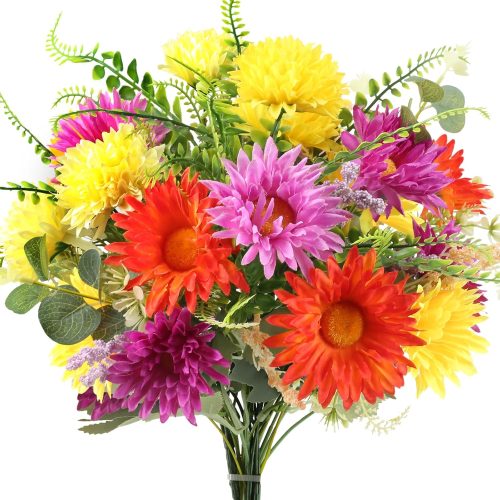 Artificial Flowers Faux Gerbera Daisies Flowers Bouquet (13.38in) | Fake Silk Flowers Arrangements Cemetery Flowers for Grave for Home Indoor Table Vase Wedding Party Decor