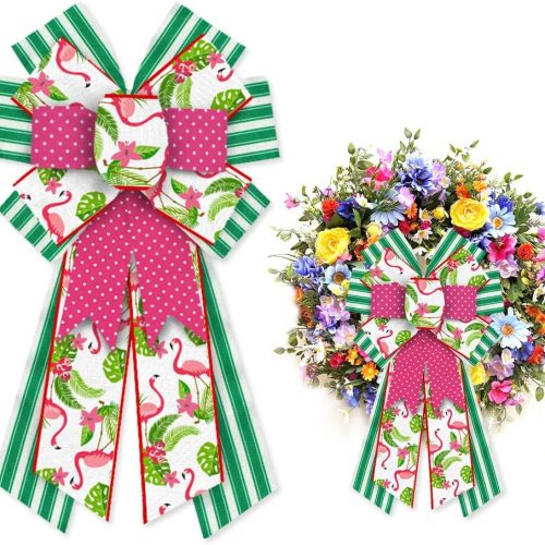 Hying Large Summer Bows for Wreath, Spring Summer Wreath Bows Green Stripes Bows Pink Burlap Bow Flamingo Farmhouse Craft Bows for Front Door Summer Birthday Party Decorations Supplies