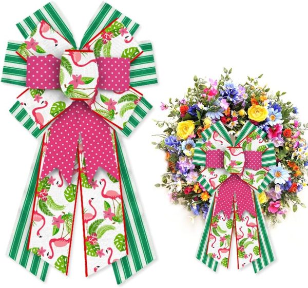 CT0327-ERB-32GT_1 Hying Large Summer Bows for Wreath, Spring Summer Wreath Bows Green Stripes Bows Pink Burlap Bow Flamingo Farmhouse Craft Bows for Front Door Summer Birthday Party Decorations Supplies