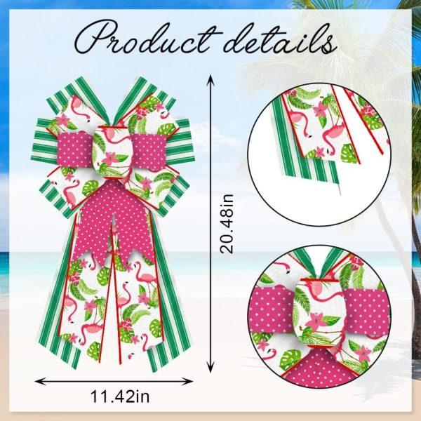 CT0327-ERB-32GT_2 Hying Large Summer Bows for Wreath, Spring Summer Wreath Bows Green Stripes Bows Pink Burlap Bow Flamingo Farmhouse Craft Bows for Front Door Summer Birthday Party Decorations Supplies