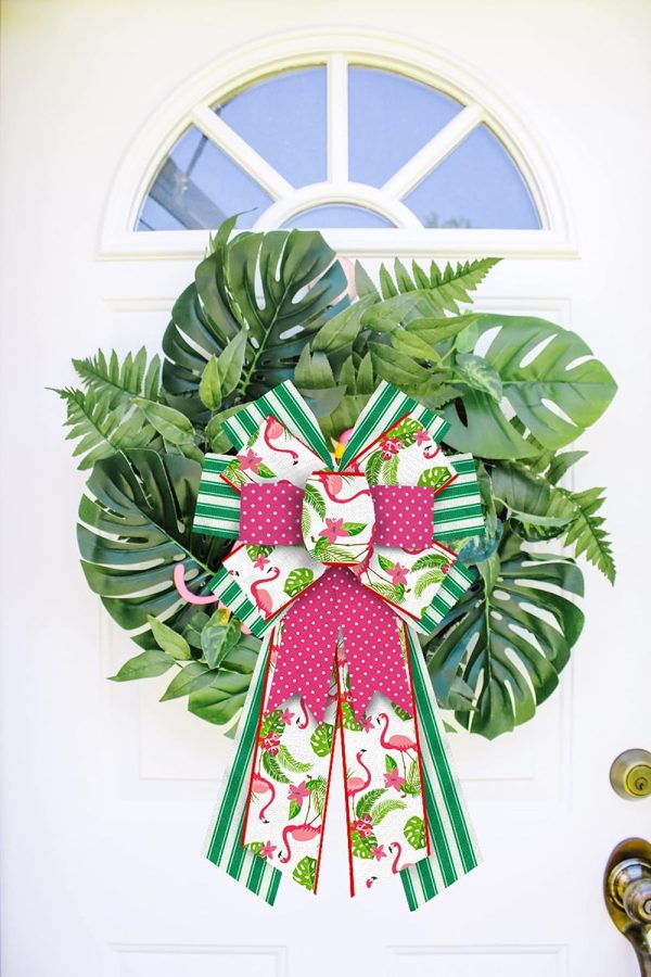 CT0327-ERB-32GT_3 Hying Large Summer Bows for Wreath, Spring Summer Wreath Bows Green Stripes Bows Pink Burlap Bow Flamingo Farmhouse Craft Bows for Front Door Summer Birthday Party Decorations Supplies
