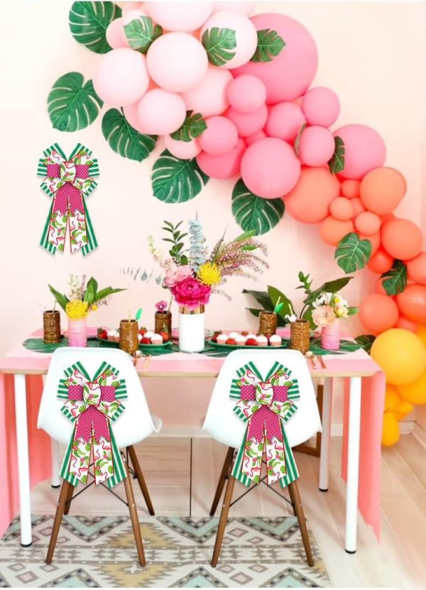 CT0327-ERB-32GT_4 Hying Large Summer Bows for Wreath, Spring Summer Wreath Bows Green Stripes Bows Pink Burlap Bow Flamingo Farmhouse Craft Bows for Front Door Summer Birthday Party Decorations Supplies