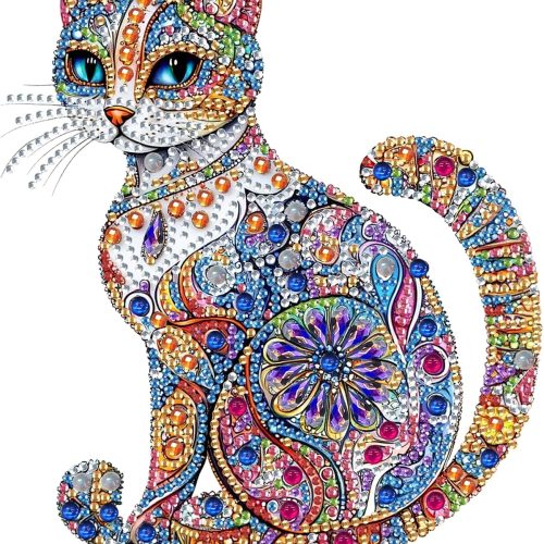 CT0328-PBY-111GT_1 Bimkole Tabletop Diamond Art Kits for Adults Cat, DIY 5D Special Shaped Rhinestone Desk Placement Ornament, Home Office Decor Stand Up Gem Diamond Painting Craft Kit Animals 7.87x7.87inch