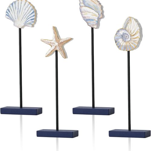Smile 4 Pcs Wooden Decor Summer Indoor Decorations, Conch Starfish Shell Nautilus, Summer Table Centerpieces for Home Kitchen Seasonal Display