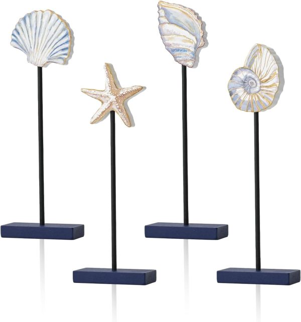 CT0401-ADC-01GT_1 Smile 4 Pcs Wooden Decor Summer Indoor Decorations, Conch Starfish Shell Nautilus, Summer Table Centerpieces for Home Kitchen Seasonal Display
