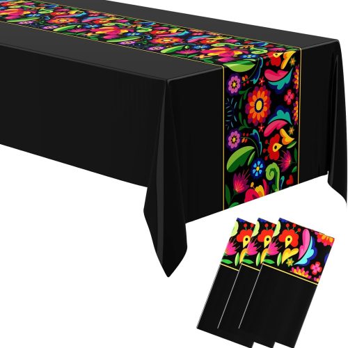 Oudain 3 Pcs Mexican Fiesta Tablecloth 108 x 54 Inch Cinco De Mayo Plastic Table Runners Waterproof Disposable Table Cover for Taco Night Festive Mexican Fiesta Wedding Party Decoration (Black)