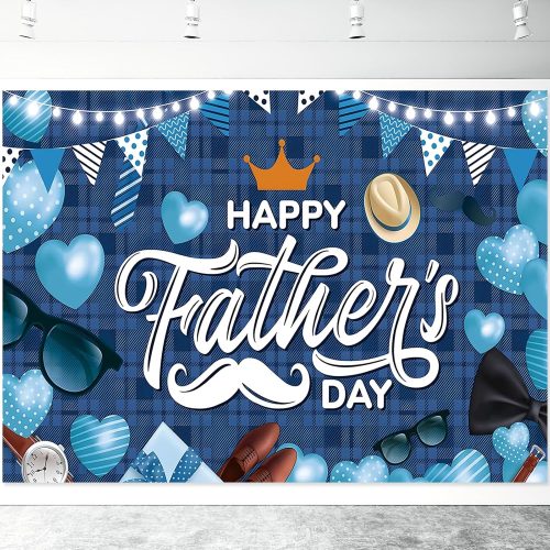 CT0407-LB-112GT_1 7 x 5 FT Father’s Day Backdrop – Blue Plaid Happy Father’s Day Photography Background with Hearts, Glasses, Hats, and Banners for Dad’s Celebration Parties