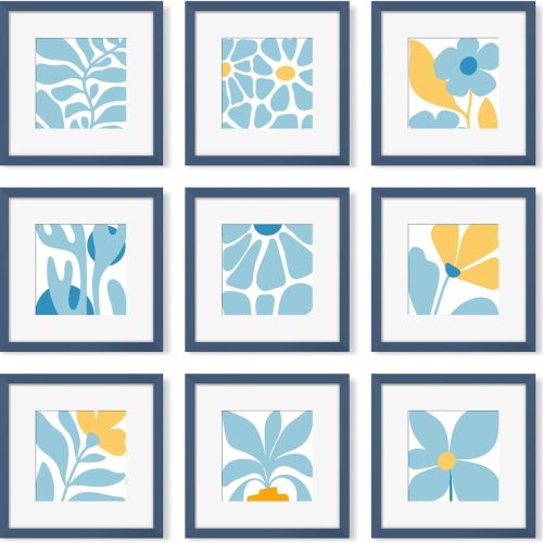 CT0412-BR-101GT_1 YESKAY 12x12 Picture Frame Set of 9, Photo Gallery Wall Frame Set, Display Pictures 8x8 with Mat or 12 x 12 Without Mat, Square Frame Picture Frames Collage Wall Decor, Blue