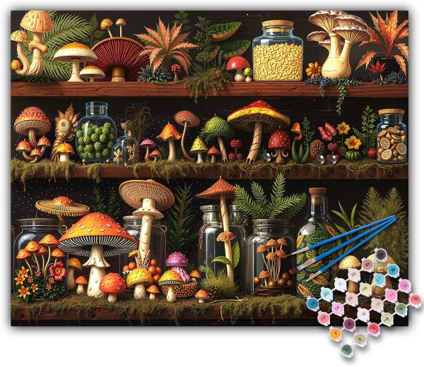 CT0416-BAS-86GT_1 Offito Paint by Numbers Kit for Adults - Mushroom Acrylic Adult Paint by Number Kits on Canvas for Beginner, Shelf DIY Oil Painting by Numbers for Adults Kit, Perfect for Home Decor Gift 16"x20"