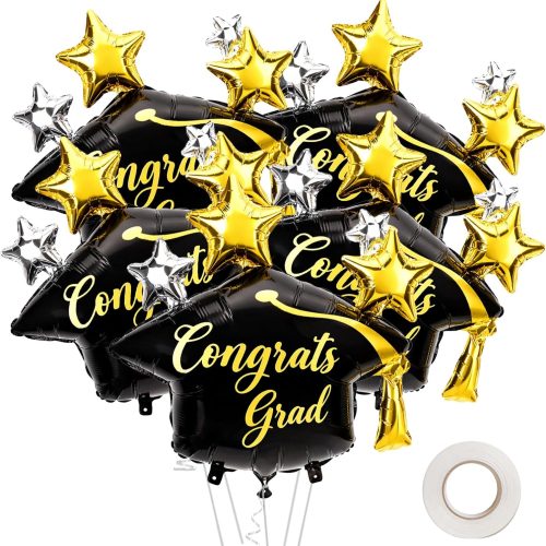 Graduation Cap Balloons, 5 PCS Black Gold Graduation Balloons Decorations 2026, 28" Large Grad Hat Shaped Academic Congrats Grad Foil Balloon for Class of 2026 Graduation Party Decorations Supplies