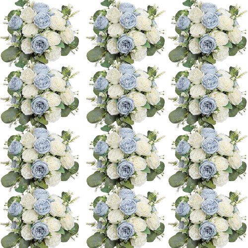 12 Bundles Dusty Blue White Artificial Peonies Silk Flowers Bulk | Fake Peony with Realistic Eucalyptus for DIY Wedding Bouquets Table Centerpieces Vase Floral Arrangements Home Decor