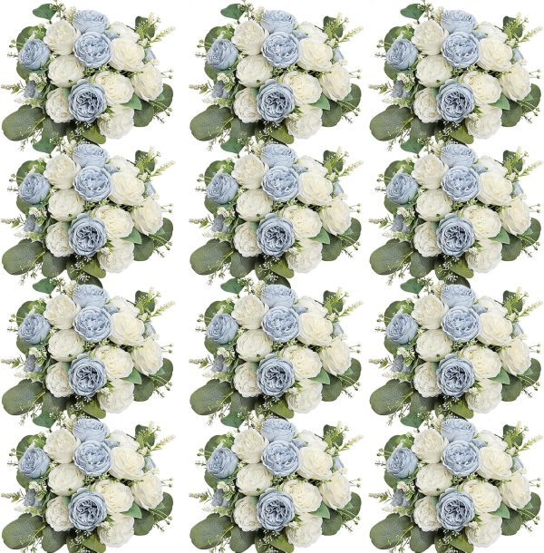 12 Bundles Dusty Blue White Artificial Peonies Silk Flowers Bulk | Fake Peony with Realistic Eucalyptus for DIY Wedding Bouquets Table Centerpieces Vase Floral Arrangements Home Decor