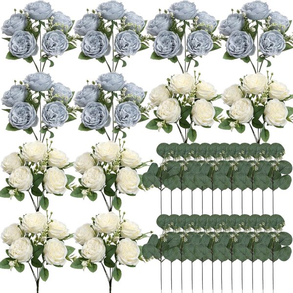 12 Bundles Dusty Blue White Artificial Peonies Silk Flowers Bulk | Fake Peony with Realistic Eucalyptus for DIY Wedding Bouquets Table Centerpieces Vase Floral Arrangements Home Decor