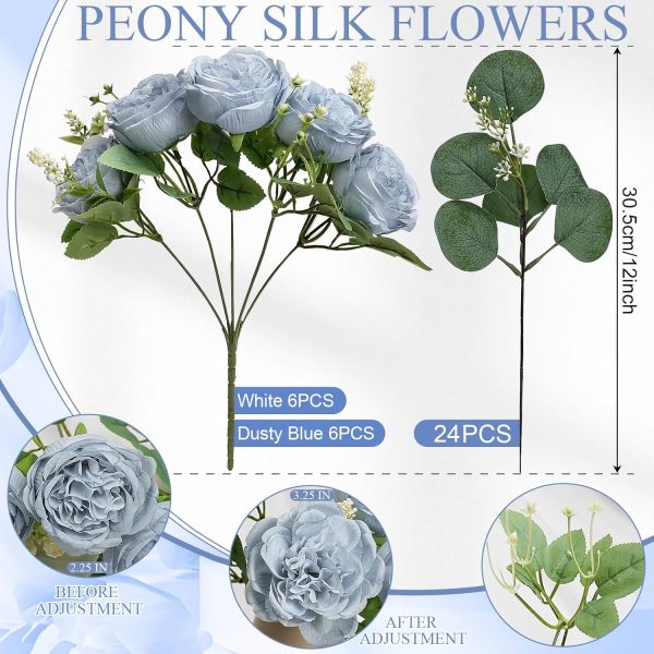 12 Bundles Dusty Blue White Artificial Peonies Silk Flowers Bulk | Fake Peony with Realistic Eucalyptus for DIY Wedding Bouquets Table Centerpieces Vase Floral Arrangements Home Decor