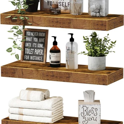 CT0425038JS_1 QEEIG Floating Shelves for Wall Bathroom Shelf Bedroom Kitchen Living Room Hanging Book Shelves Small Farmhouse Decor 16 inch Set of 3, Rustic Brown (015-BN3)