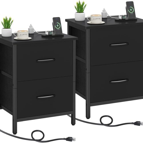Vagusicc Nightstand Set of 2 with Charging Station, End Table Bedside Table with Power Outlet & USB Ports, Side Table with 2 Fabric Drawers for Bedroom, Living Room, Black