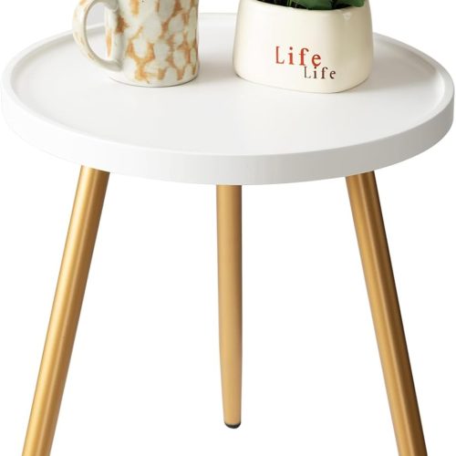 danpinera Small Gold Side Table with Wooden Tray, End Table for Living Room | Modern Mini Coffee Stand for Small Space, Bedroom, Balcony, Easy Assembly Metal Legged Accent Nightstand, White + Gold