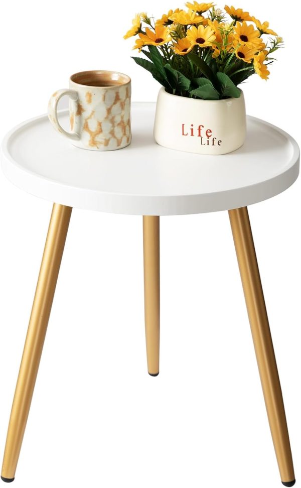 danpinera Small Gold Side Table with Wooden Tray, End Table for Living Room | Modern Mini Coffee Stand for Small Space, Bedroom, Balcony, Easy Assembly Metal Legged Accent Nightstand, White + Gold