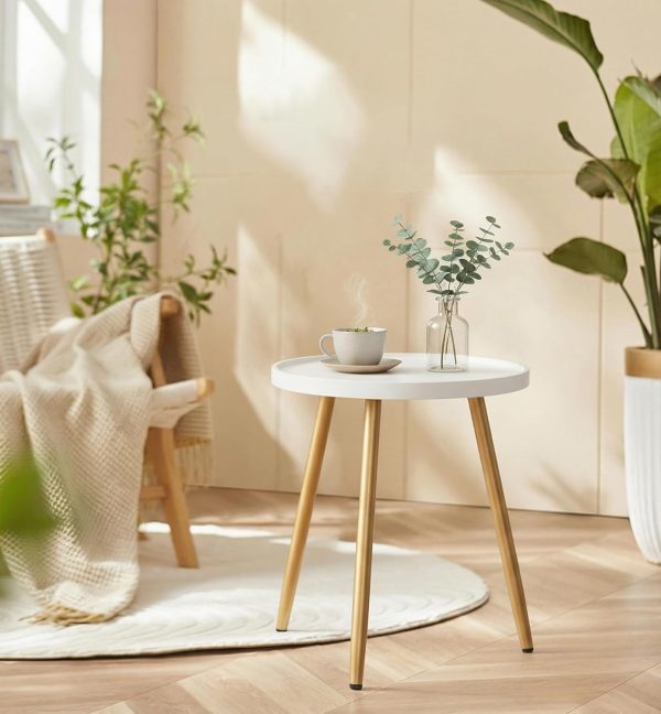 danpinera Small Gold Side Table with Wooden Tray, End Table for Living Room | Modern Mini Coffee Stand for Small Space, Bedroom, Balcony, Easy Assembly Metal Legged Accent Nightstand, White + Gold
