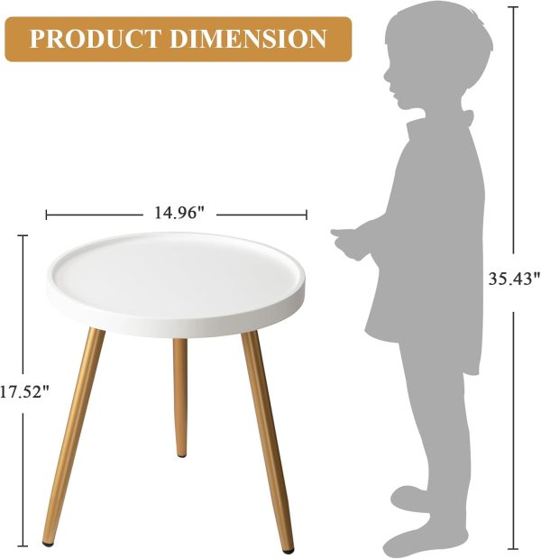 danpinera Small Gold Side Table with Wooden Tray, End Table for Living Room | Modern Mini Coffee Stand for Small Space, Bedroom, Balcony, Easy Assembly Metal Legged Accent Nightstand, White + Gold