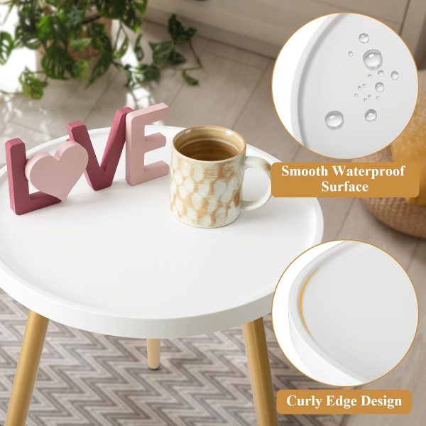 danpinera Small Gold Side Table with Wooden Tray, End Table for Living Room | Modern Mini Coffee Stand for Small Space, Bedroom, Balcony, Easy Assembly Metal Legged Accent Nightstand, White + Gold