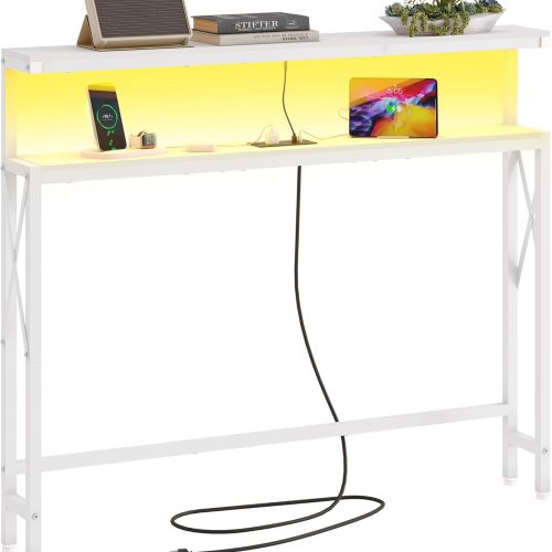 FAVOOSTY 46.8" Skinny Console Table with Charging Station and LED Light,5.9" Narrow Sofa Table with Power Outlets and Type C & USB Port, Behind Couch Table for Living Room, Hallway, EntryWay, White