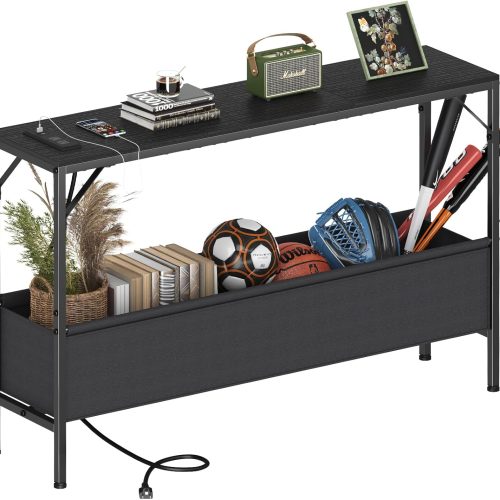 Asgolion Narrow Console Table, 47.2" Long Entryway Table with Storage & Power Outlets, Hallway Table, Mordern IndustrialSofa Tables for Living Room, Bedroom, Foyer, Office, Anti-tip Kit, Black