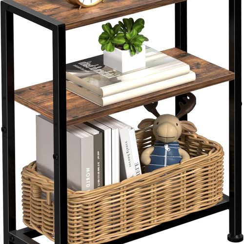 Narrow Side Table for Small Space, 2-Tier Small End Table with Shelf Holder, Slim Nightstand, Skinny Snack Couch Table in Living Room, Bedroom, Study, Kitchen and Balcony (Rustic Brown &Black)