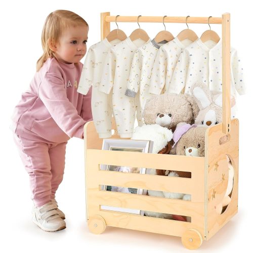 CT0426-WC-163GT_1 Wooden Baby Shower Crate Closet with Wheels & Higher Handle, Pushable Baby Shower Gifts Baby Basket, Wooden Crate for Storage, Personalized Baby Gifts for Newborn Boy Girl New Parent, 28" x 13.6" x 9"