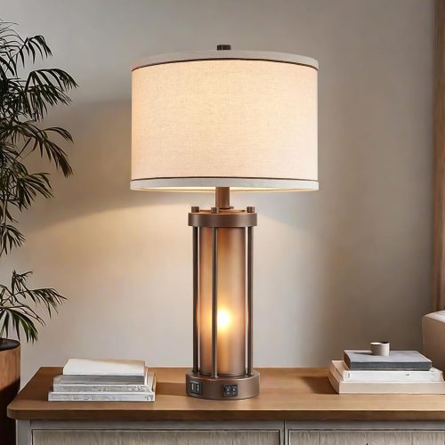 RORIA Farmhouse Table Lamps for Living Room with USB C+A Ports | Vintage Rustic Nightstand Lamp with Amber Glass Nightlight, Retro Desk Lamp for Bedroom Entryway, Study, 2 Bulbs Included