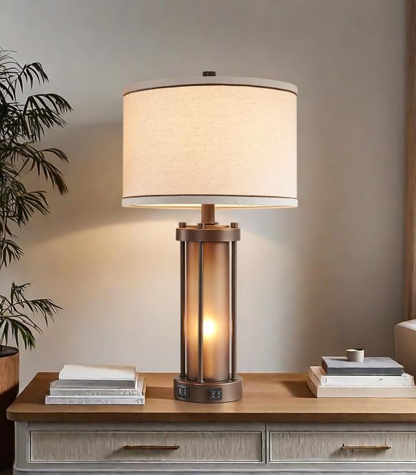 RORIA Farmhouse Table Lamps for Living Room with USB C+A Ports | Vintage Rustic Nightstand Lamp with Amber Glass Nightlight, Retro Desk Lamp for Bedroom Entryway, Study, 2 Bulbs Included