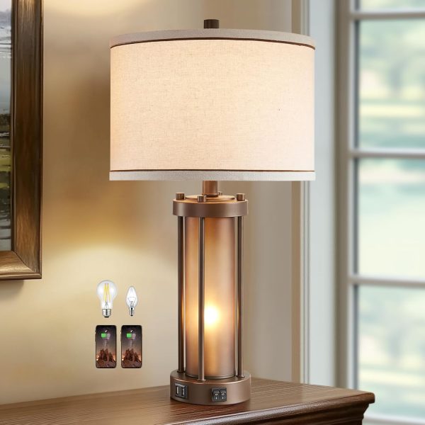 RORIA Farmhouse Table Lamps for Living Room with USB C+A Ports | Vintage Rustic Nightstand Lamp with Amber Glass Nightlight, Retro Desk Lamp for Bedroom Entryway, Study, 2 Bulbs Included