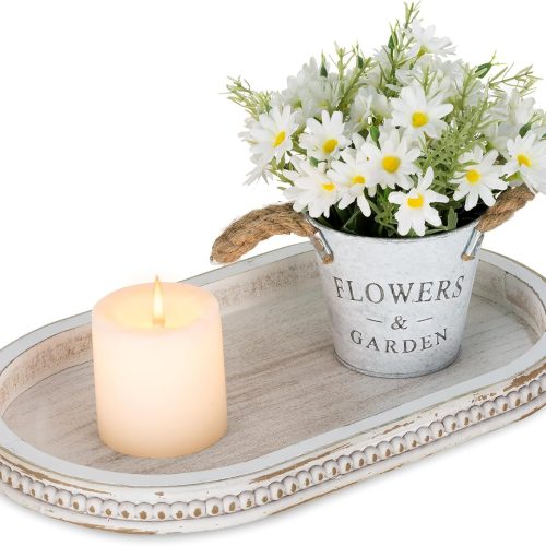CT0426147JS_1 Hanobe Decorative Trays for Coffee Table : White Oval Centerpiece Tray Wood for Farmhouse Entry Table Decor Round Bathroom Tray for Living Room Kitchen Counter
