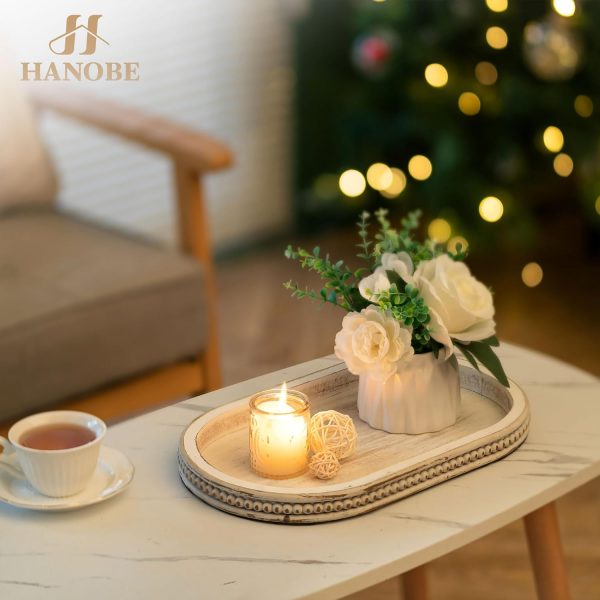 Hanobe Decorative Trays for Coffee Table : White Oval Centerpiece Tray Wood for Farmhouse Entry Table Decor Round Bathroom Tray for Living Room Kitchen Counter