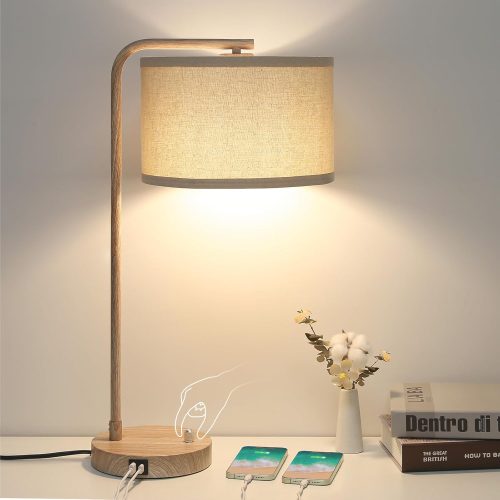 CT0426177JS_1 Farmhouse Table Lamp, Fully Dimmable Tall Bedisde Lamp with USB C+A Ports | 25" Modern Nightstand Lamp with Wood Grain Metal Base, Desk Reading Lamp for Living Room Bedroom Office, LED Bulb Included