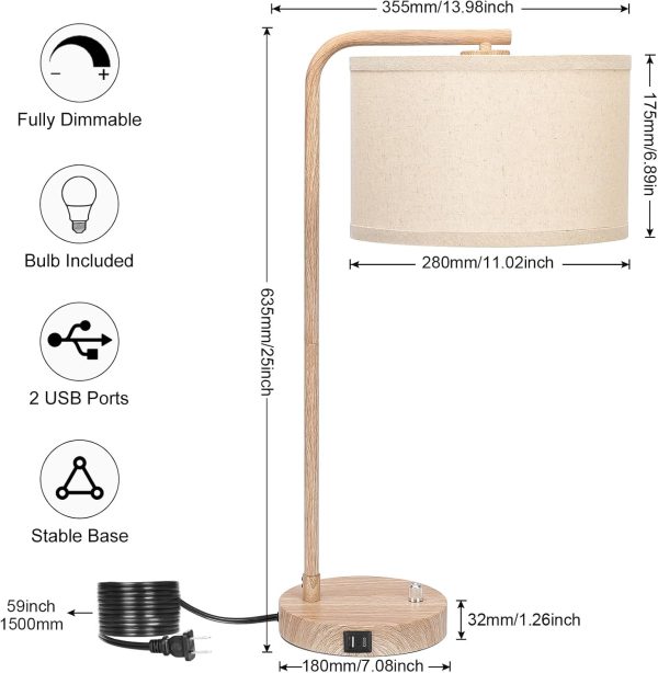 Farmhouse Table Lamp, Fully Dimmable Tall Bedisde Lamp with USB C+A Ports | 25" Modern Nightstand Lamp with Wood Grain Metal Base, Desk Reading Lamp for Living Room Bedroom Office, LED Bulb Included