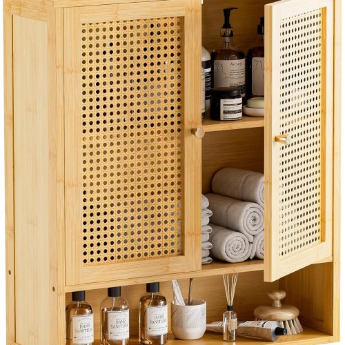HITNET Rattan Hanging Bathroom Cabinet, Wall Mounted Bamboo Bathroom Cabinet with Double Doors and Adjustable Shelves, Storage Over the Toilet for Kitchen, Living Room, Laundry Room, Natural